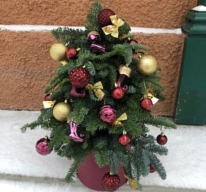 Цветы в шляпной коробке — Новогодняя композиция Зимние сапожки