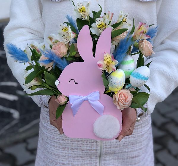Ящик с цветами Пасхальный кролик розовый  №2